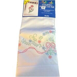 Vtg Bucilla Stamped MultiColor Pillowcase Pair Bow Ribbon Flowers 20x30 No Floss